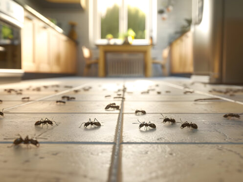 Close up of ants crawling on a kitchen floor.